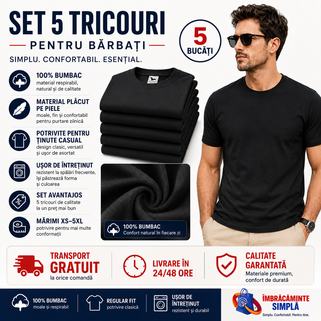 Set 5 tricouri negre bărbați, bumbac 100%, calitate premium și transport gratuit